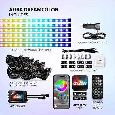 OPT7 Aura DreamColor RGB-IC Car Interior Ambient Light, 6PC Single Row LED