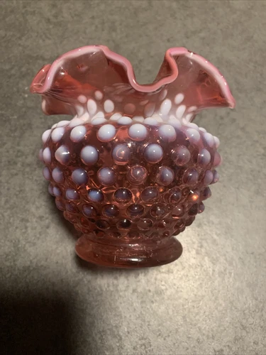 Vintage Fenton Hobnail Opalescent Ruffled Crimp Cranberry Vase 4 3/8"