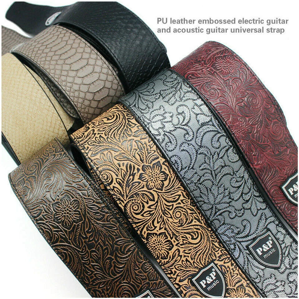 Correa de guitarra ajustable de cuero PU en relieve para bajo eléctrico acústico Foto 2 de 4
