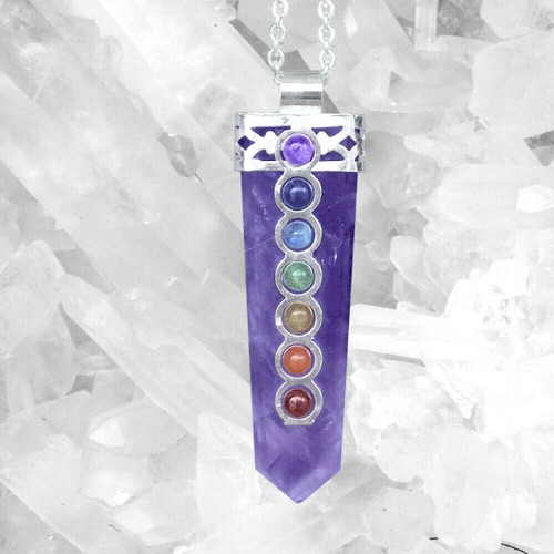 CHARGED Amethyst Crystal Point 7 Chakra Gemstone Silver Pendant & Necklace Reiki - Picture 6 of 9