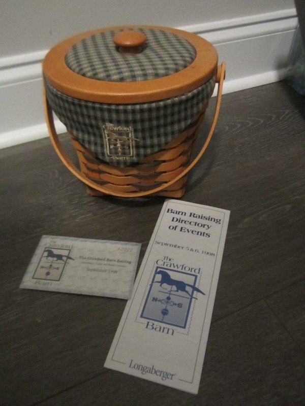 Longaberger 1998  Barn rasing combo lid liner, protector, card, tieon, &pamplet