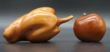 Mid Century Modern Wooden Pepper + Apple Deco Hand Carved Rich Golden Wood 2pc