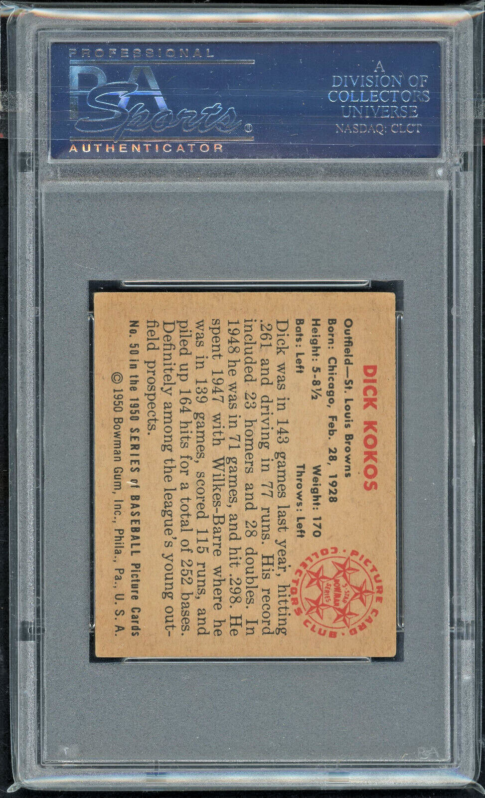 1950 Bowman #50 Dick Kokos St Louis Browns Vintage Baseball Card PSA 5 view 3