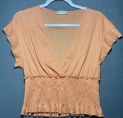 Alter d State Peach Smocked Waist Blouse Womens M V Neck Flutter Sleeve Boho Top