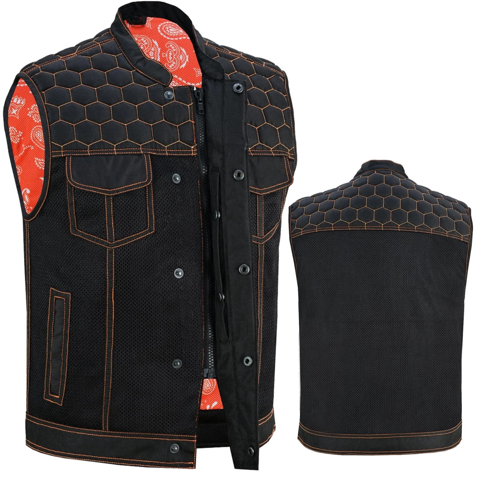Black Mesh Moto Vest Orange Stitch Hex Biker Cutoff Sleeveless Jacket