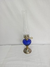VTG Cobalt Blue Glass Oil Lamp with Metal Base 16.75 Tall 10" Shade New Wick