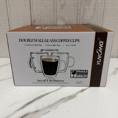 Yuncang Double Wall Insulated Glass Coffee Cups Set of 4 Mugs Open Box