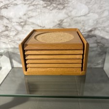 Wood and Cork Coaster Set 7pc 6 Coasters Storage Holder Oak Finish Minimal
