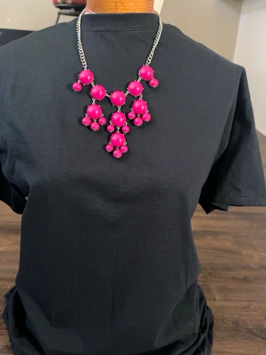 Hot Pink Bubble Bib Statement Necklace Silver Tone Chain Adjustable 19.5” - product listing photo