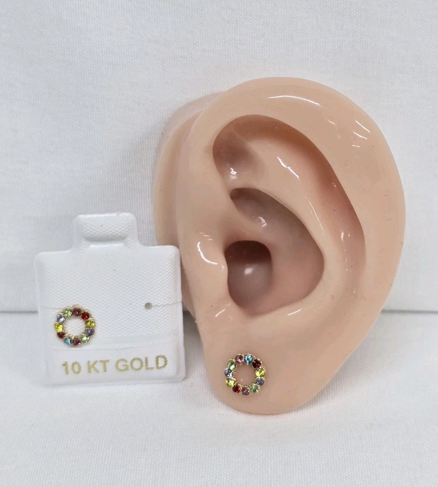 BROQUEL ORO 10K MEX. DONA Gold Earrings Donut CZ Stud Round Colorful Arete - Image 4 of 4