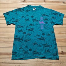 Vintage 80s Maui and Sons AOP Shark Surf Skate Single Stitch T-Shirt USA Size XL