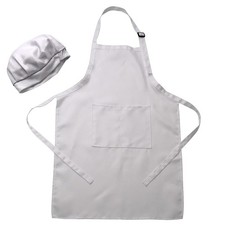 2 Pieces White Kids Chef Apron and Hat Set, Adjustable Bib Aprons With 2 Pock...