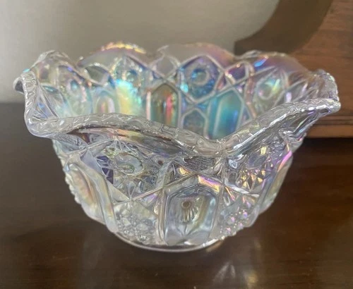 Vintage L E Smith Clear Iridescent Carnival Glass Bowl 6.75" Diameter