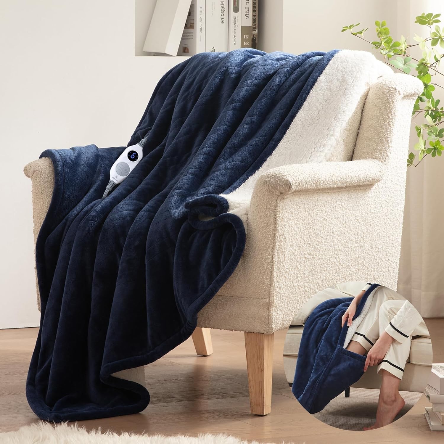 Electric Blanket with Foot Pocket for Adults,Ultra Soft Flannel to Sherpa Heated