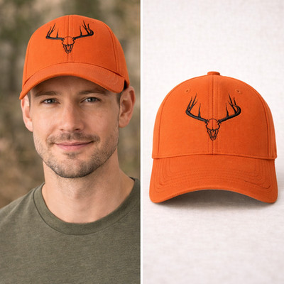 Blaze Orange Deer Skull Hat Baseball Cap Elastic Band Hunt Hike Camp Fish