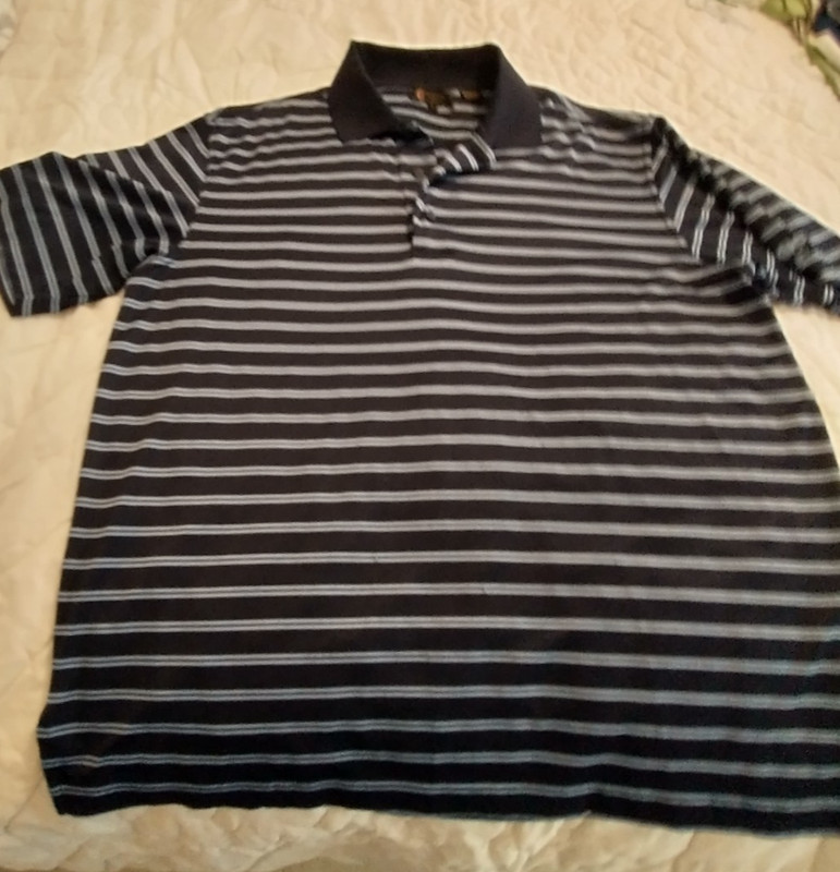 MENS GOLF POLO SHIRT-MONTEREY CLUB-NAVY BLUE W/ LT. BLUE STRIPES- LARGE-VG COND.