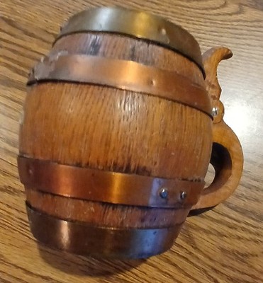 Wooden Barrel Mug  3 1/2'' top 13''around at the largest part 4'' across bottom