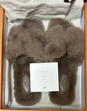 Size 37 EU NEW in box HERMÈS Etoupe Shearling Oran Sandals Fluffy Fur Rare