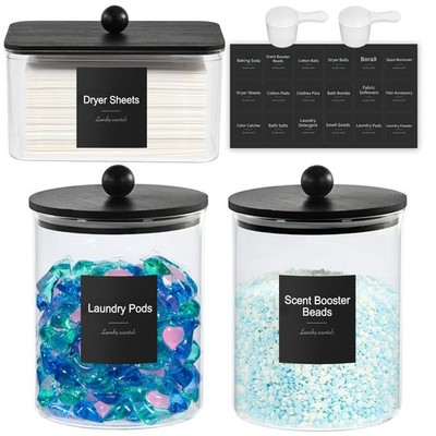 Glass Laundry Pods Container & Acrylic Dryer Sheet Holder with Balck Bamboo K...
