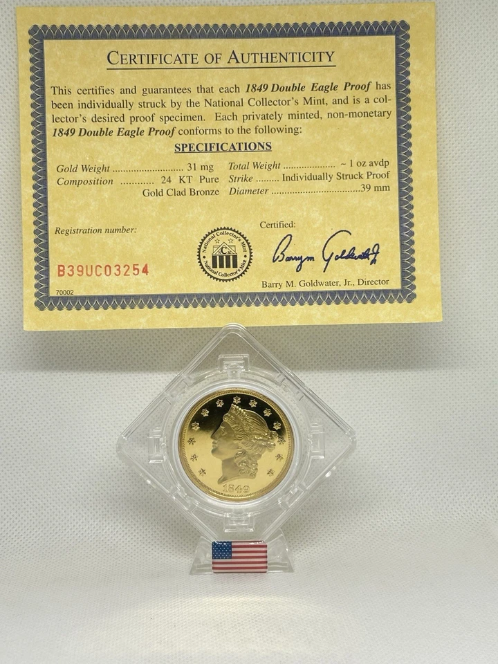 1849 Gold Double Eagle $20 Proof Coin In A Display Case With COA!🇺🇸💯✨ - Image 3 of 4