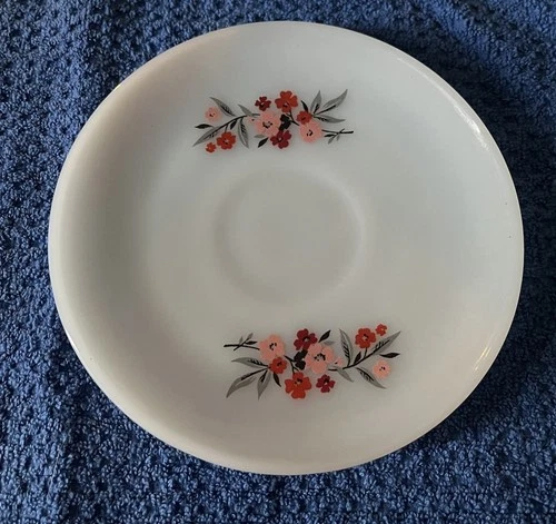 Vintage Fire King PRIMROSE Saucer Pink  Red Flowers Milk Glass Anchor Hocking