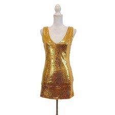CGEN Women's Large Gold Sequins Sexy Clubwear Party Mini Sleeveless V Neck Dress