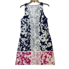 Eliza J Dress A-Line Size 6 Navy Pink Lace Stretch Cotton