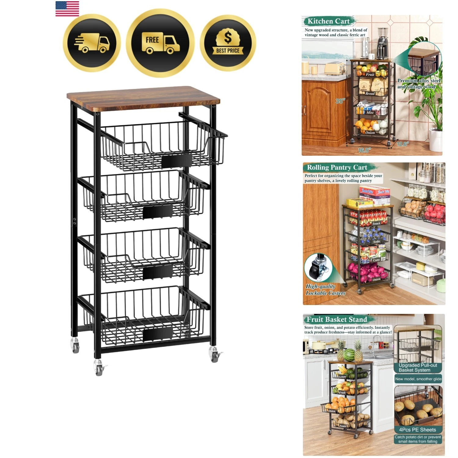 Fruit Basket, 5-Tier Utility Kitchen Organizer and Storage Cart with Pull-Out...