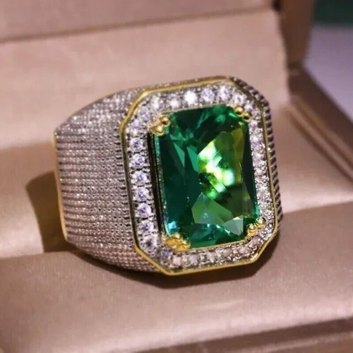 2Ct Emerald Cut Lab Created Green Emerald Wedding Ring 14K Yellow Gold Plated - Picture 2 of 5