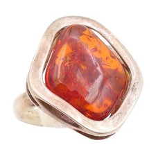 925 Sterling Silver Vintage Ring Large Cabochon Honey Amber Band Sz 10 RG34000