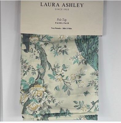 Laura Ashley Peacock Curtains 2 Panels Pole Top Floral Teal Cream 38 x 96 NEW