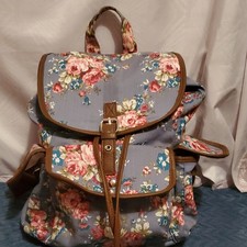 Blue Floral Backpack w/ Brown Straps, Gold Hardware, Buckle Closure