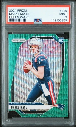 142105359 Drake Maye 2024 Panini Prizm #329 Green Wave Rookie RC PSA 9