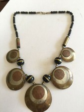 Vintage metal / Copper pieces statement Necklace w/ 52 (48+4) ebony wooden beads