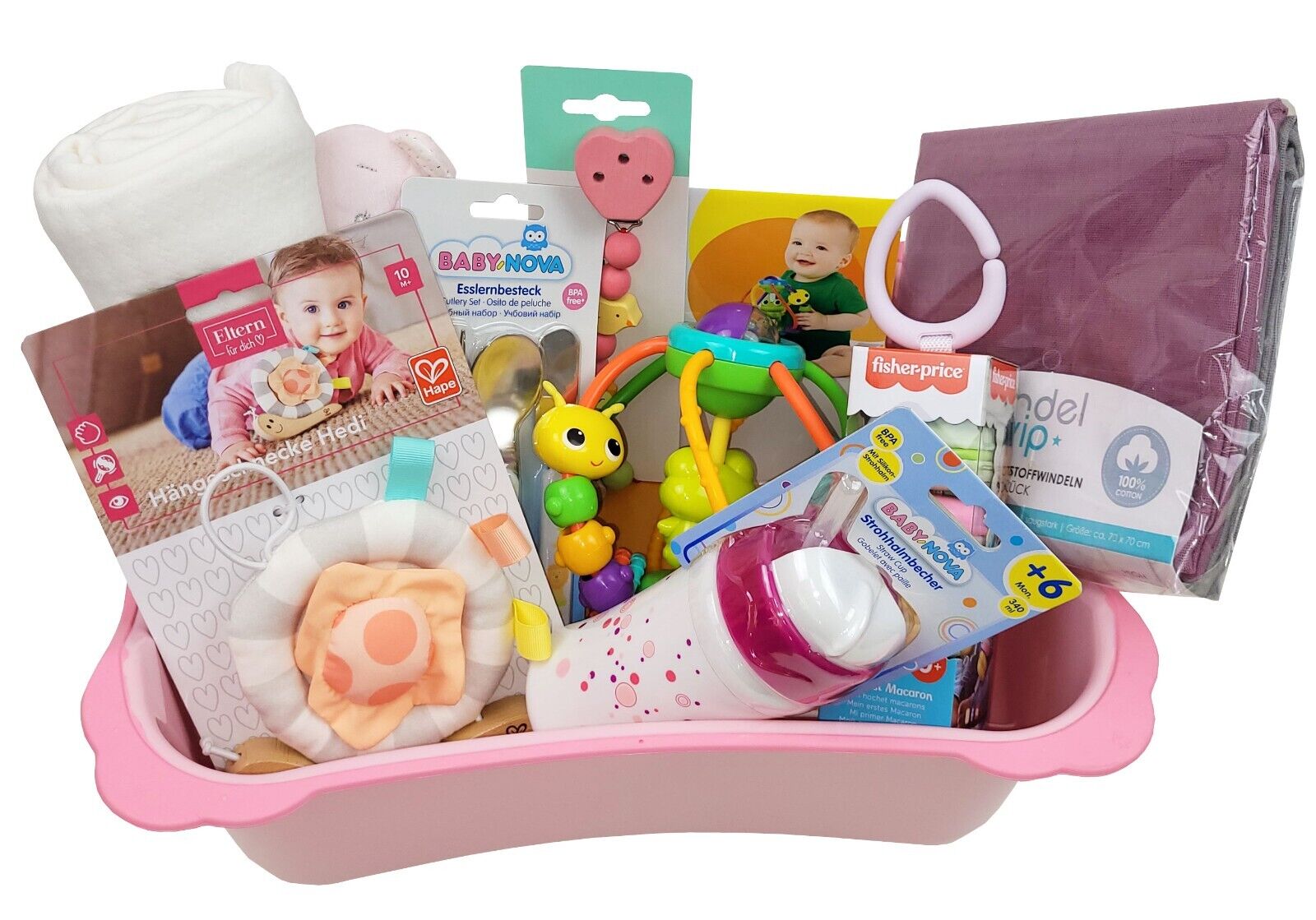 VIP Geschenk zur Geburt Geschenkkorb Taufgeschenk im Trittschemel rosa Mädchen