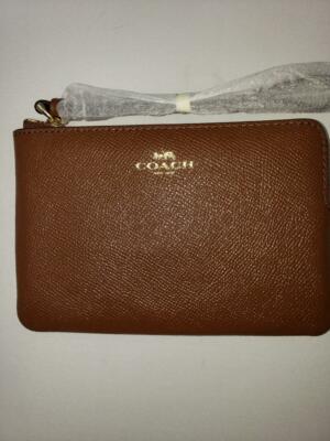 New Coach X Double Corner Zip Wristlet Pebbled Leather Saddle Brown F87590 