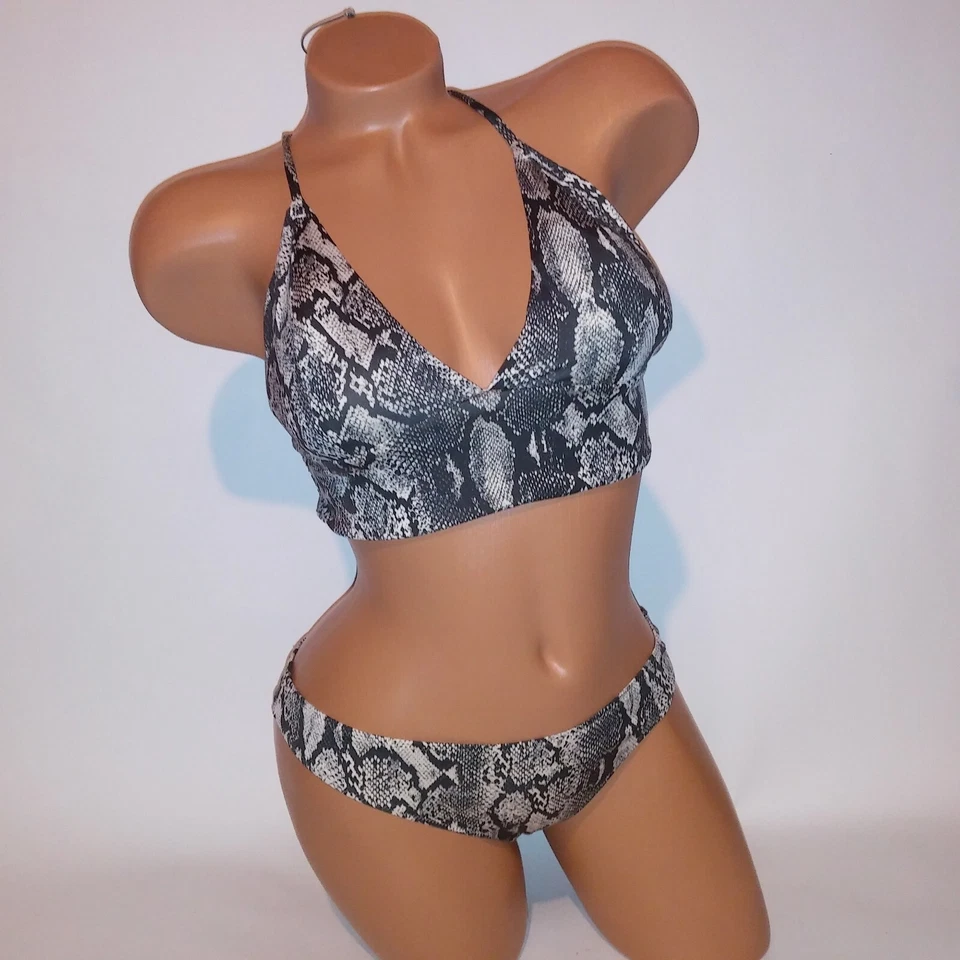 Bikini de natación H&M talla 12 superior talla 8 inferior negro piel de serpiente estampado animal cuerda Foto 2 de 4