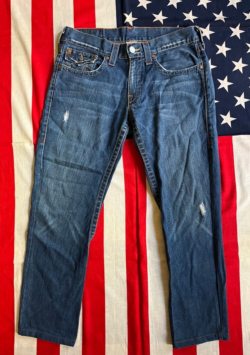 True Religion デニム 31.33 JOEY True Religion Joey Blue Denim Jeans Leather Pocket Men 33 x 33