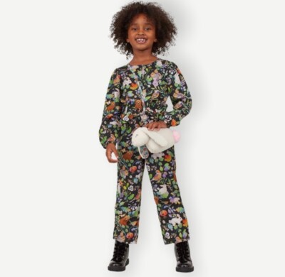 H&M Whooli Chen Kids Girls Forest Animal Jumpsuit Button Self Tie Size 10