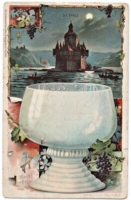 alte Litho-Ak Gruss vom Rhein, Die Pfalz, gelaufen 1899 - Bild 1 von 2