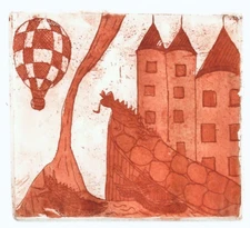 Medieval Fantasy Dream Small Etching Red 80s Art Dragons Castle Hot Air Balloon
