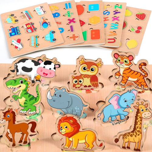Puzzle In Legno Per Bambini 2-5 Anni | Set Da 4 Con Animali E Numeri | Giocattolo Educativo Montessori | Grandi Dimensioni 30x12 Cm | 41 Pezzi