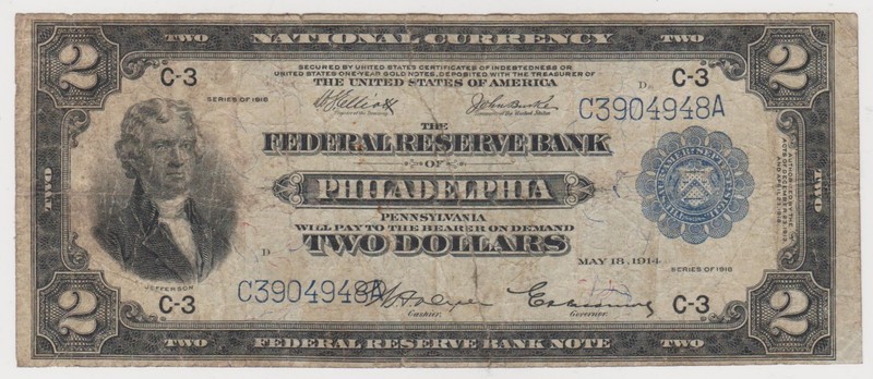 1918 Two Dollar Battleship Large Size Federal Reserve Note $2 Bill F-755