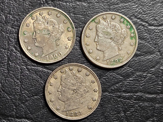 Lot of Three UNC Liberty "V" Nickels 1883 No Cents 1892 & 1900
