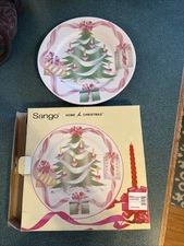 VINTAGE SANGO HOME FOR CHRISTMAS CHOP PLATE PINK GREEN TREE NIB