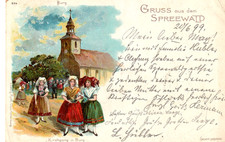 AK Spreewald - 1899 - Kirchgang in Burg - Bahnpost Berlin - Spremberg - Zug 765