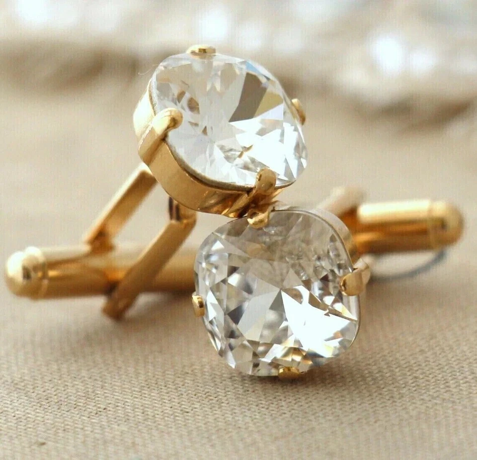 2 CT Lab Created Diamond Cushion Men's Cufflinks 14k Yellow Gold Plated Silver - Image 2 of 4