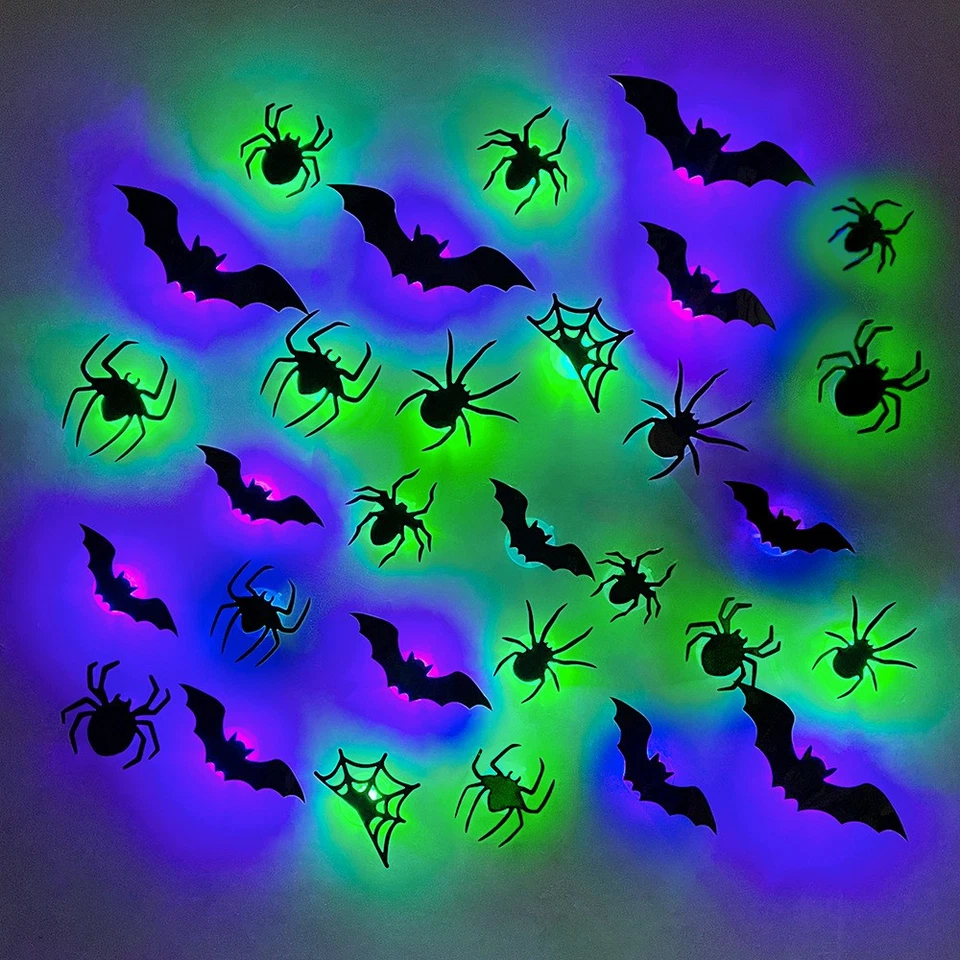 42 pegatinas de pared extraíbles para decoración de pared de Halloween 3D LED murciélagos arañas Foto 2 de 4
