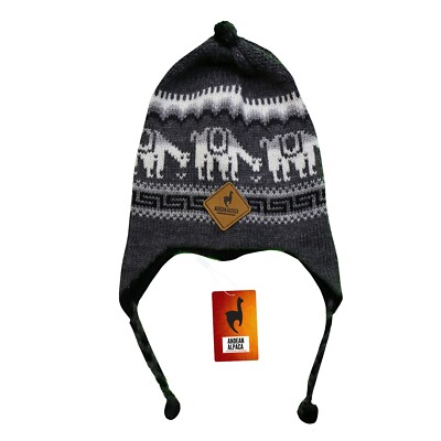 HANDMADE ANDEAN ALPACA GRAY REVERSIBLE BLACK HAT WITH EAR FLAPS
