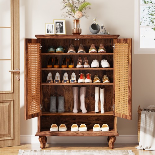 6-Tier Rattan Shoe Cabinet with Doors, Shoe Storage Organizer Rack for Entryway - Picture 3 of 10